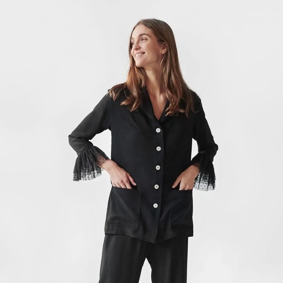 Sleeper Other - SLEEPER PARTY PAJAMA TOP TULLE TRIM BLACK BUTTON DOWN LARGE